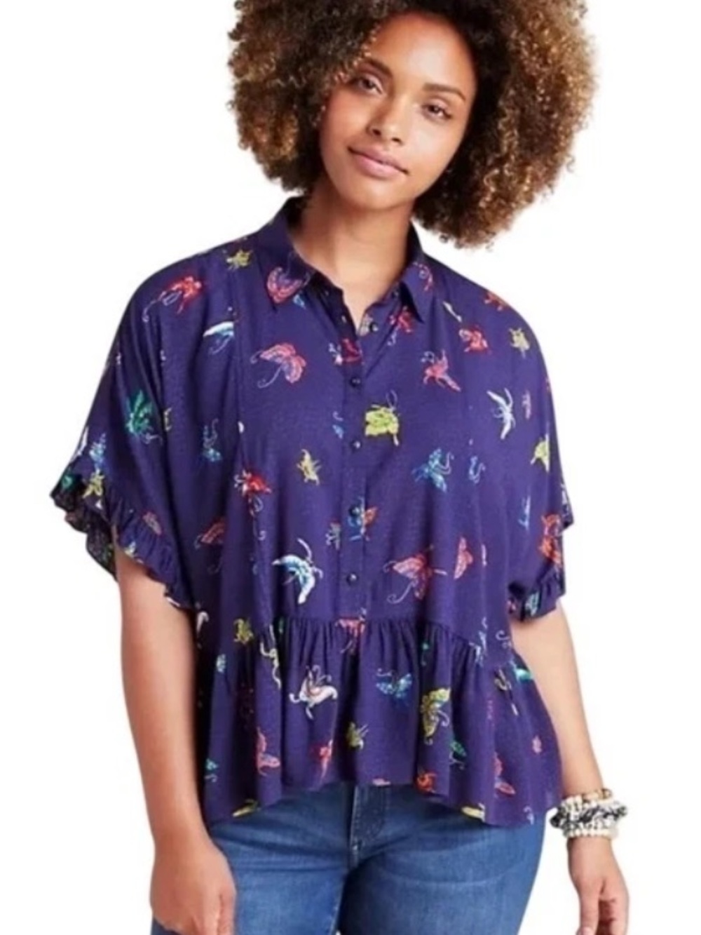 Maeve by Anthropologie Mallory Ruffle Butterfly Print Navy Button Up Blouse XS